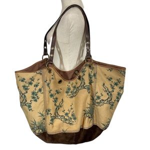 Vintage LUCKY BRAND Cherry Blossoms Canvas Brown Suede Oversized Tote Weekender